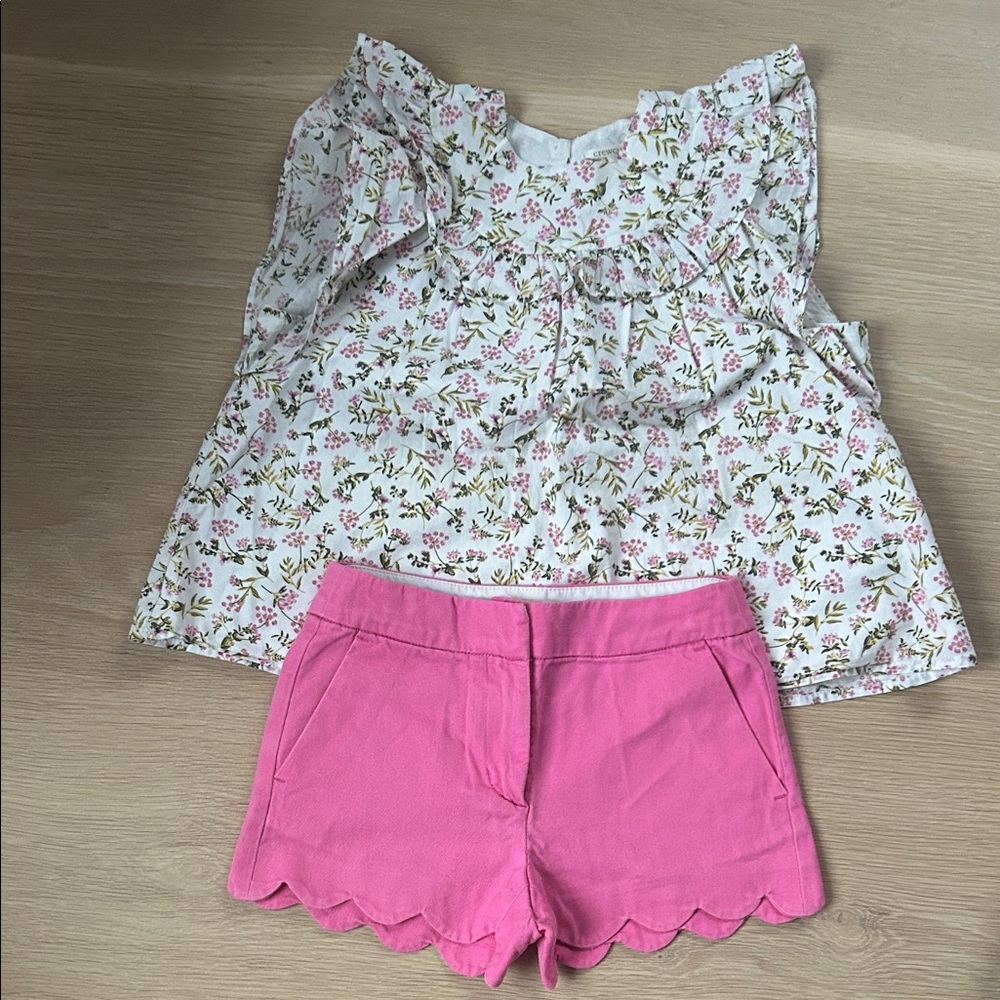 Crewcuts White Top with Pink and Green Floral Pattern and Pink Shorts Set